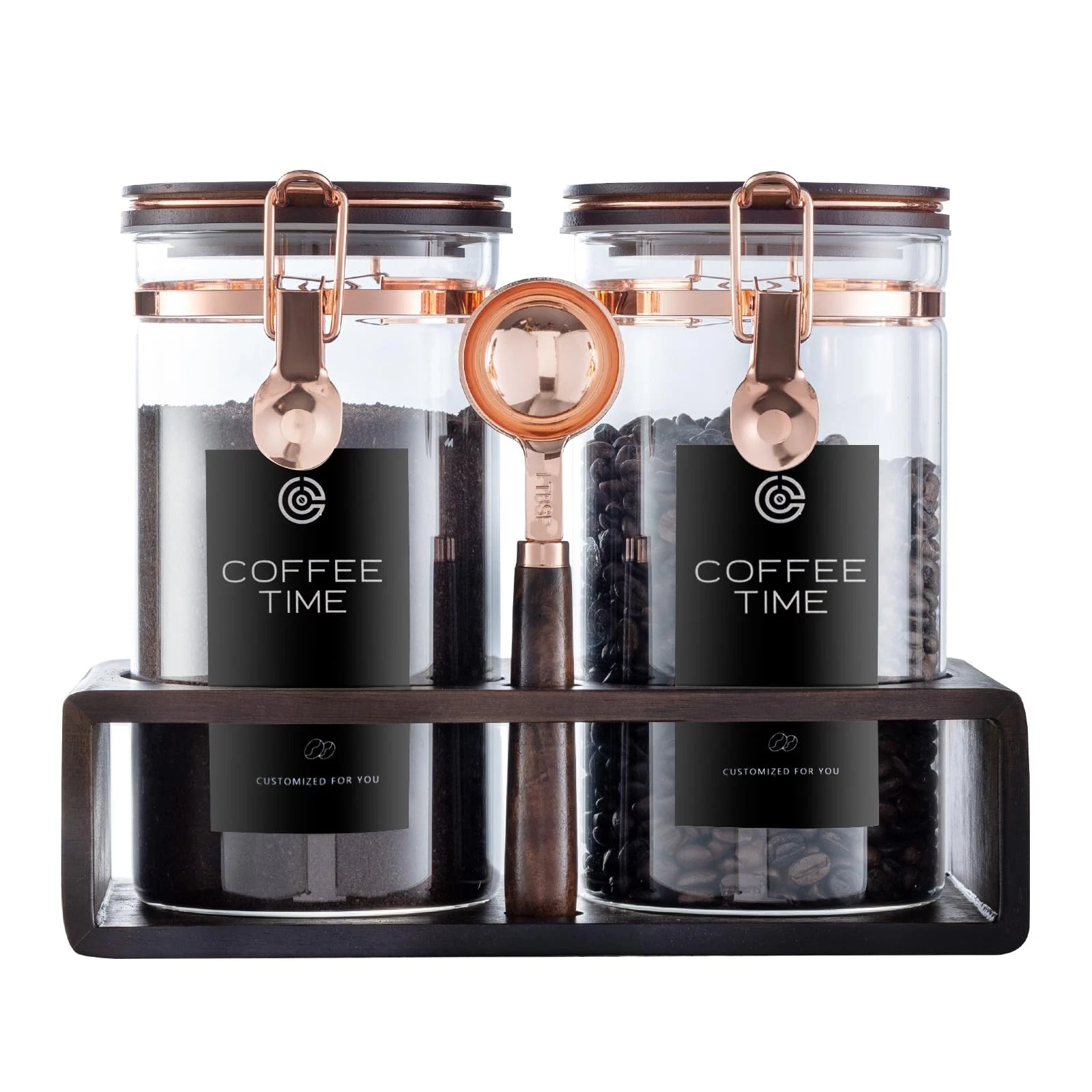 Glass Coffee Canister Set with Wooden Shelf, 2 Pack 45oz Airtight Food Storag...