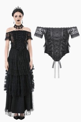 Dark In Love WomenBlack Gothic Off-Shoulder Floral Lace Ruffled Tops Slim Shirt