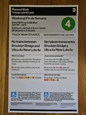 (1) 11 x 18 Inch New York City MTA Subway Service Sign for #4 Train in Brooklyn