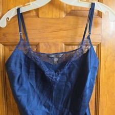 Victoria's Secret Medium Chemise Women Navy Blue Satin Lace Trim Slip Dress 0317