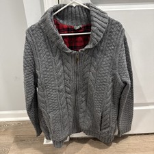 Eddie Bauer Lambswool Blend Cable Knit Grey Zip Cardigan Sweater Flannel Lining