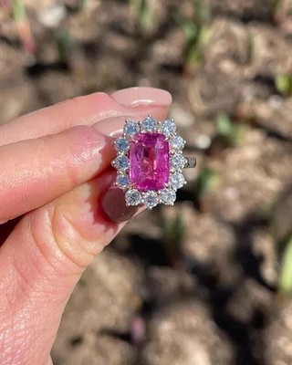 5.Ct Cushion Cut Pink Sapphire Diamond Halo Statement Ring 14K White Gold solid
