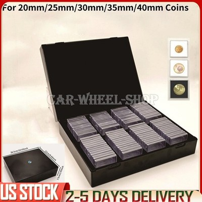 100Pcs Clear Square Coins Capsules Storage Box w/ Collection Display Container