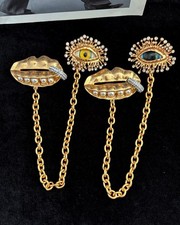Schiaparelli Full diamond eyes with pea clip chain brooch with box and dust bag