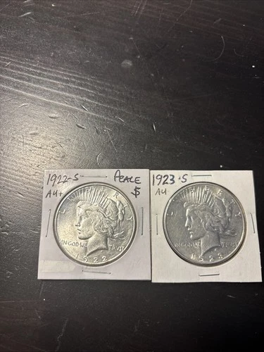 1922 S & 1923 S U. S.  Peace Dollars 2-Coin Lot 90%  Nice AU