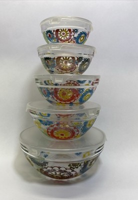 5 Nesting Retro Vintage Multi Functional Glass Bowls With Lids Colorful 70 s