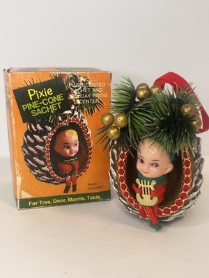 Vintage Pixie Pinecone Sachet Christmas Tree Ornament In Box Sitting Elf Decor