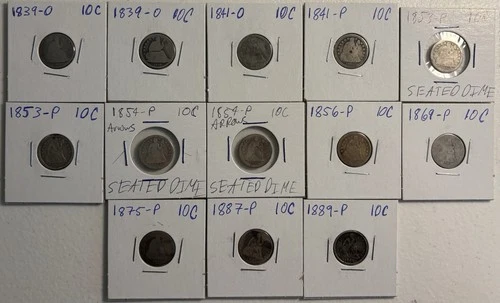 LOT OF 13 SEATED LIBERTY SILVER DIMES - FULL DATE!  1839 - 1891 AG-VERY FINE