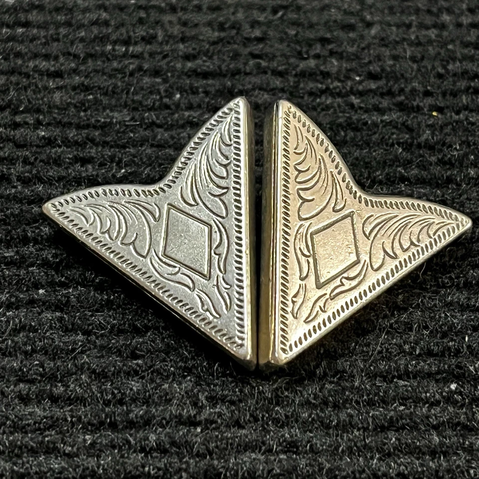 VTG 2 pairs Western Shirt Silver Tone Collar Tips Stainless Cowboy Engraving - Image 3 of 4