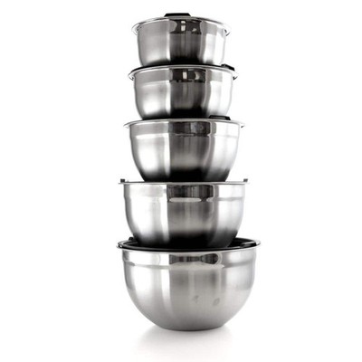 Mixing Bowl Set Stackable Stainless Steel Silver Color Plastic Lids 5-Piece