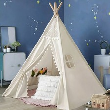 160CM Large Canvas Kids Teepee Star Wood Indian Tent Child In/Outdoor Play House