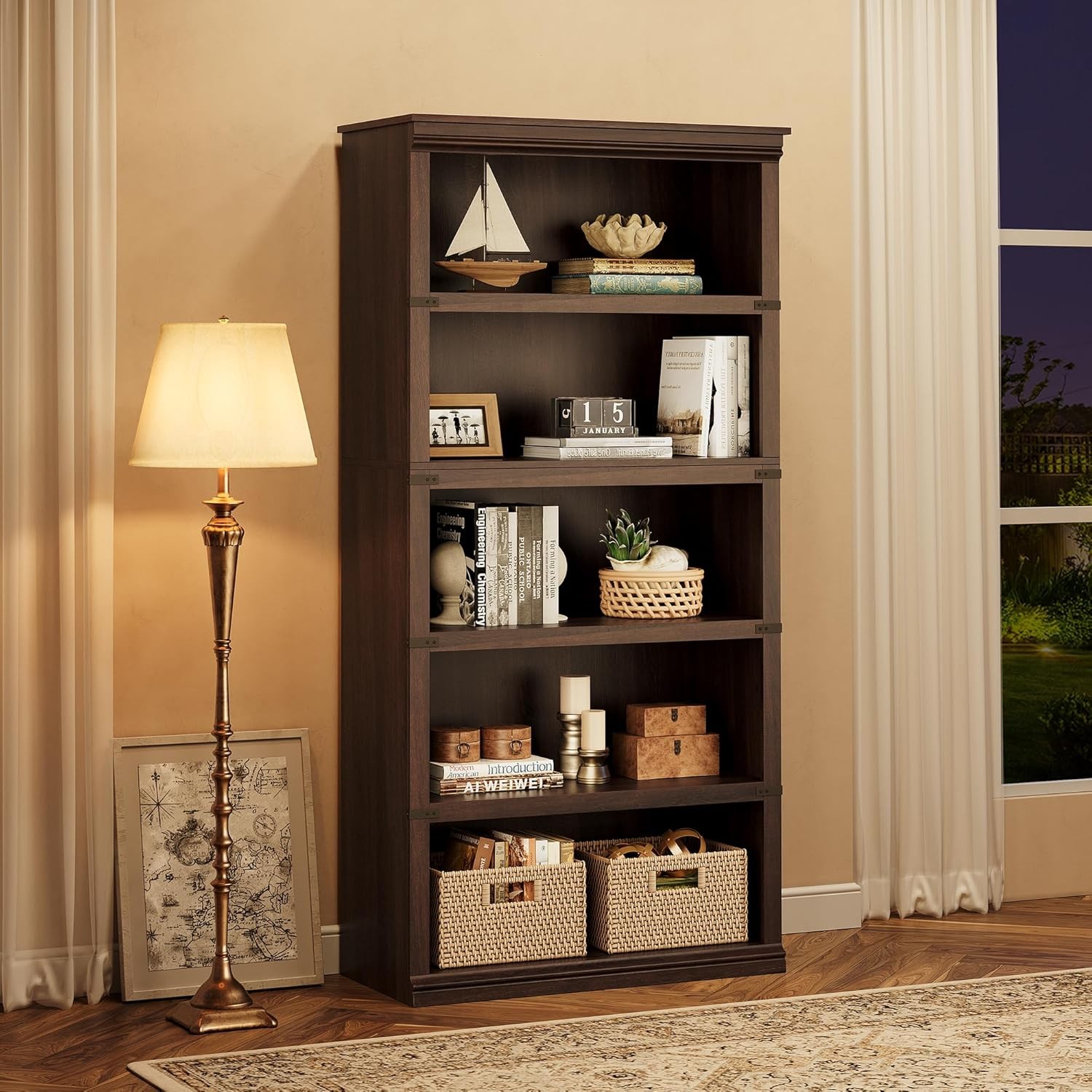 Industrial 5 Shelf Wood Bookcase Bookshelf Storage Display R