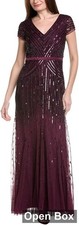 Adrianna Papell Long Beaded V-Neck Dress with Cap Sleeves, Cassis, Size 14
