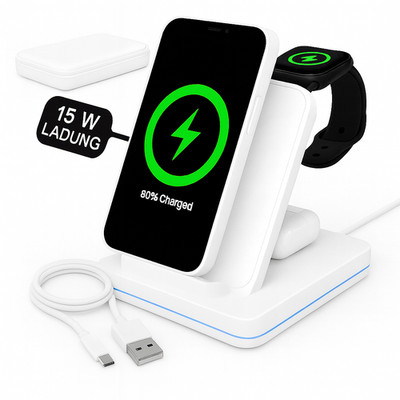 3in1 15W Wireless Ladestation für iPhone In-Ears, Smartwatch mit LED Black White