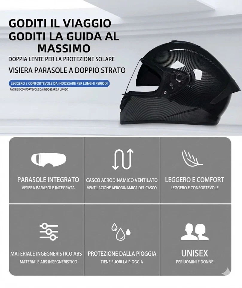 Casco Moto Integrale Apribile, Sportivo Look Carbonio, Doppia Visiera Parasole - Image 2 of 4