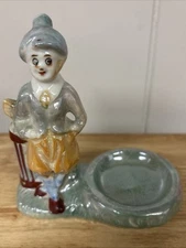 1920's LUSTREWARE Hand-Painted Ashtray Trinket Tray LADY GOLFER JAPAN # 3856