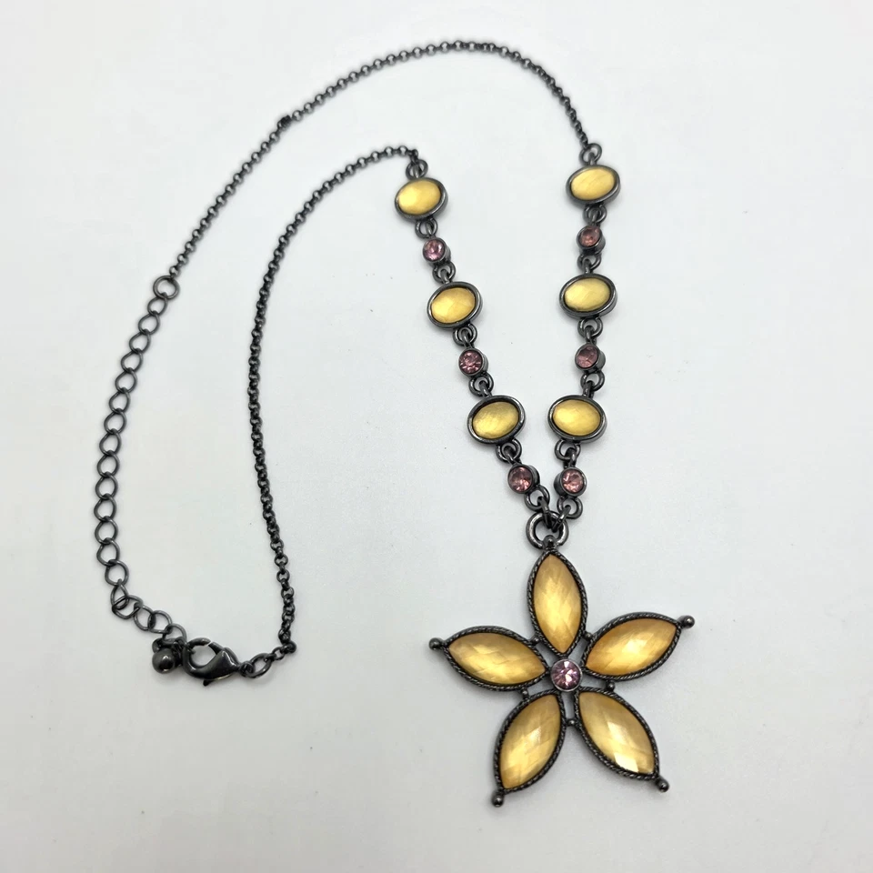 Collar Flor PARK LANE De Colección Cabujones Amarillo y Rosa Cadena Gris Gunmetal 16" Foto 2 de 4