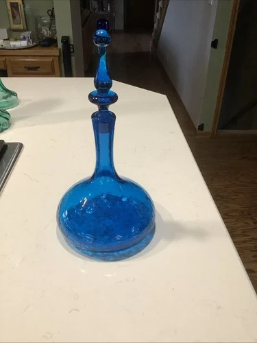 Blenko Crackle Glass Decanter 13” Turquoise Blue #6516