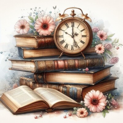 Vintage Books & Clock Floral Collage 8x8 Cotton Quilt Crafting Fabric Block
