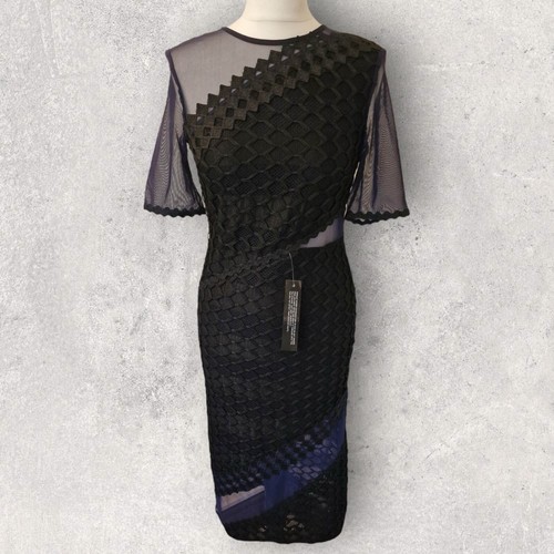 Topshop Damen marineblau durchsichtig Netz & schwarz Häkelspitze Bleistiftkleid UK 10 - Bild 4 von 7