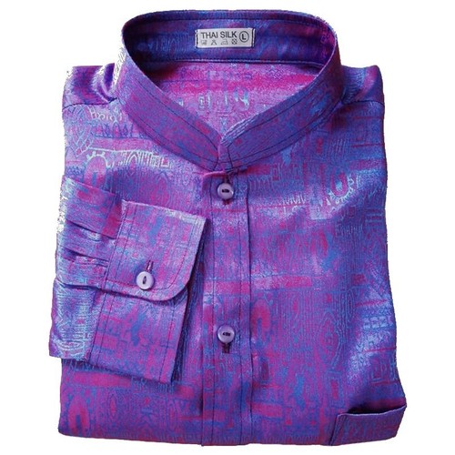 Mens Mandarin Collar Shirt Thai Silk Jacquard Purple Long / Short Sleeve S-3XL - Picture 11 of 11