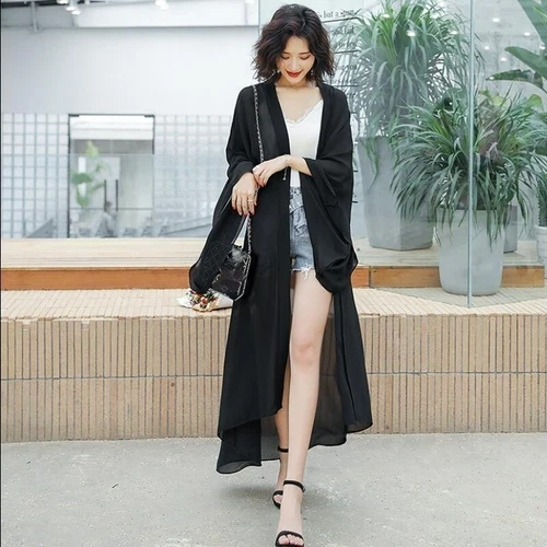 Damen Transparent Chiffon Kimono Lange Jacke Cardigan Schal Achselzucken Bolero Sommer Strand - Bild 20 von 25