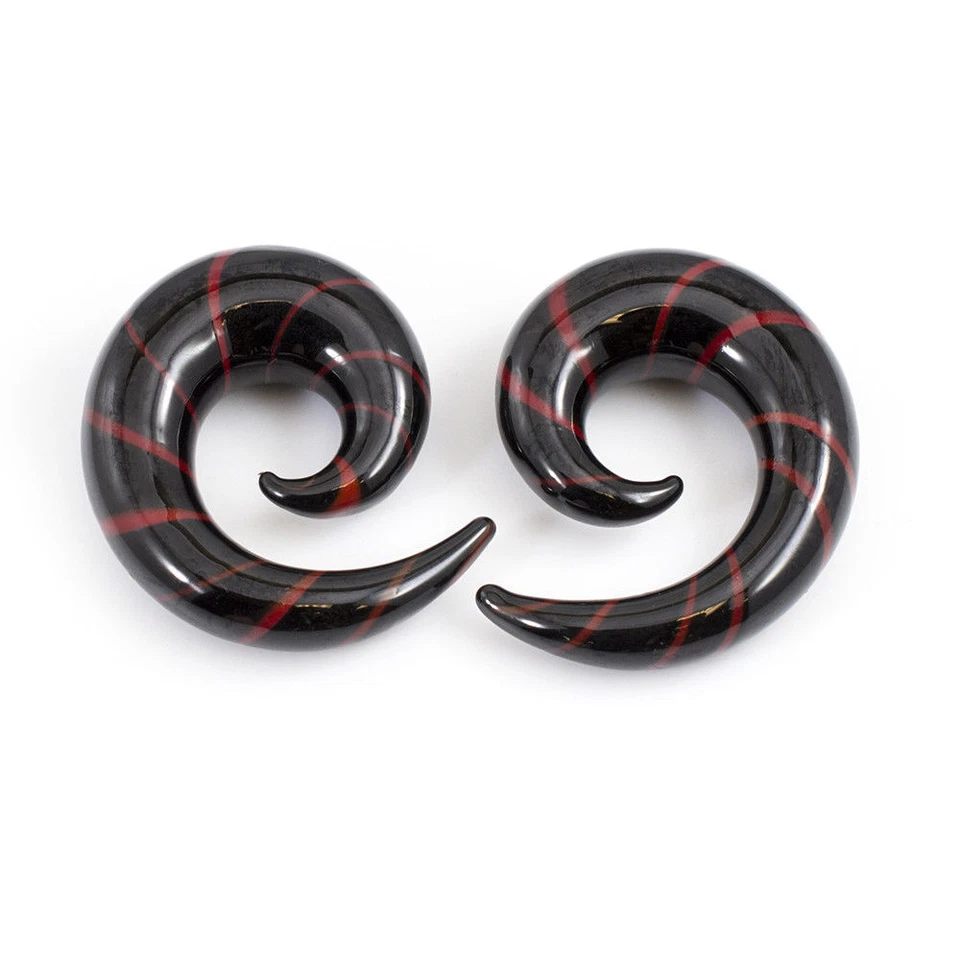Pack de 2 Cónicos de Oreja de Vidrio Negro y Rojo Estirador Rayas Espiral Foto 3 de 3