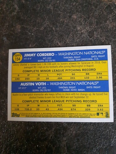 2019 Topps Rookie Stars Jimmy Cordero Austin Voth RC Card# 154 - Picture 2 of 2