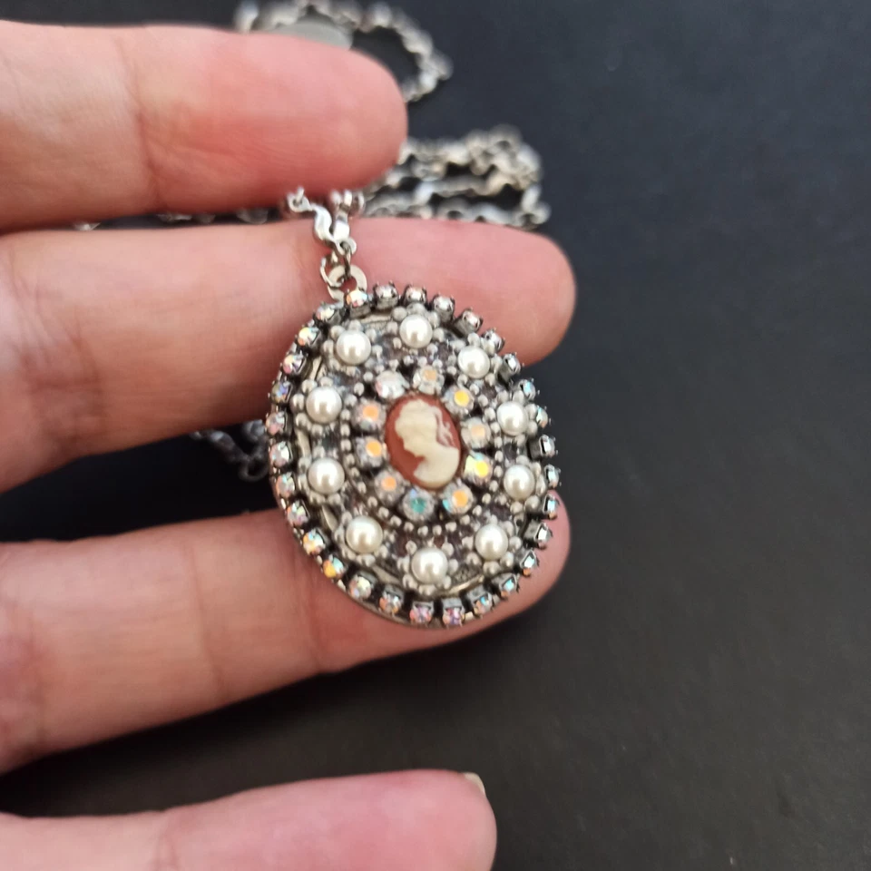 Collar Michal Negrin Plateado Camafeo Aurora Boreal Lariat Regalo Victoriano Foto 3 de 4