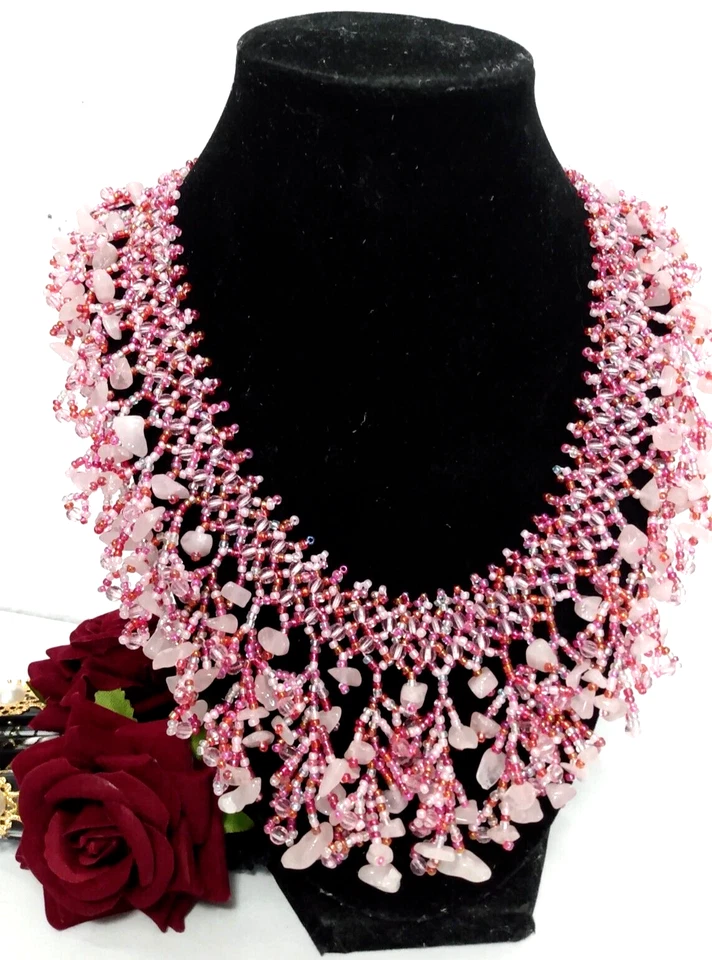 137 - изящный стекла семена бисер нагрудник коренастый шикарный ручной работы 10» розово-красный ожерелье