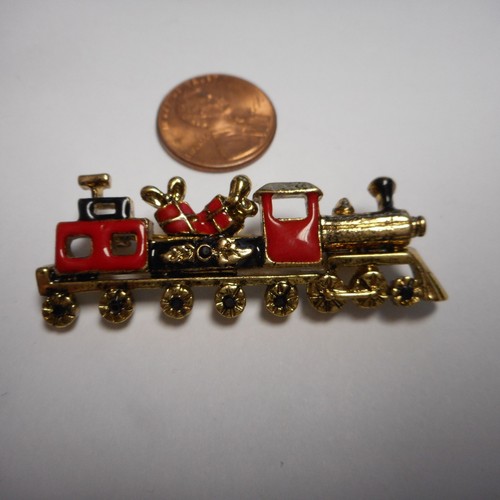 VINTAGE TRAIN PIN / BROOCH GOLD TONE AND ENAMEL VERY NICE - Picture 4 of 7