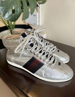 Gucci Sneakers Glitter Web Leather Silver Metallic High Top