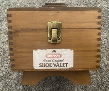 Vtg KIWI Hand Crafted Oak Valet Shoe Shine Wood Dovetail Box 2Horse Hair Brushes
