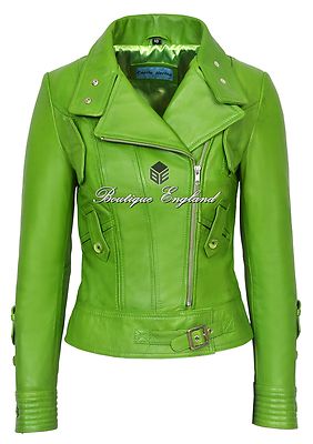 SUPERMODEL Ladies Lime Green Biker Style Real Napa Italian Leather Jacket 4110