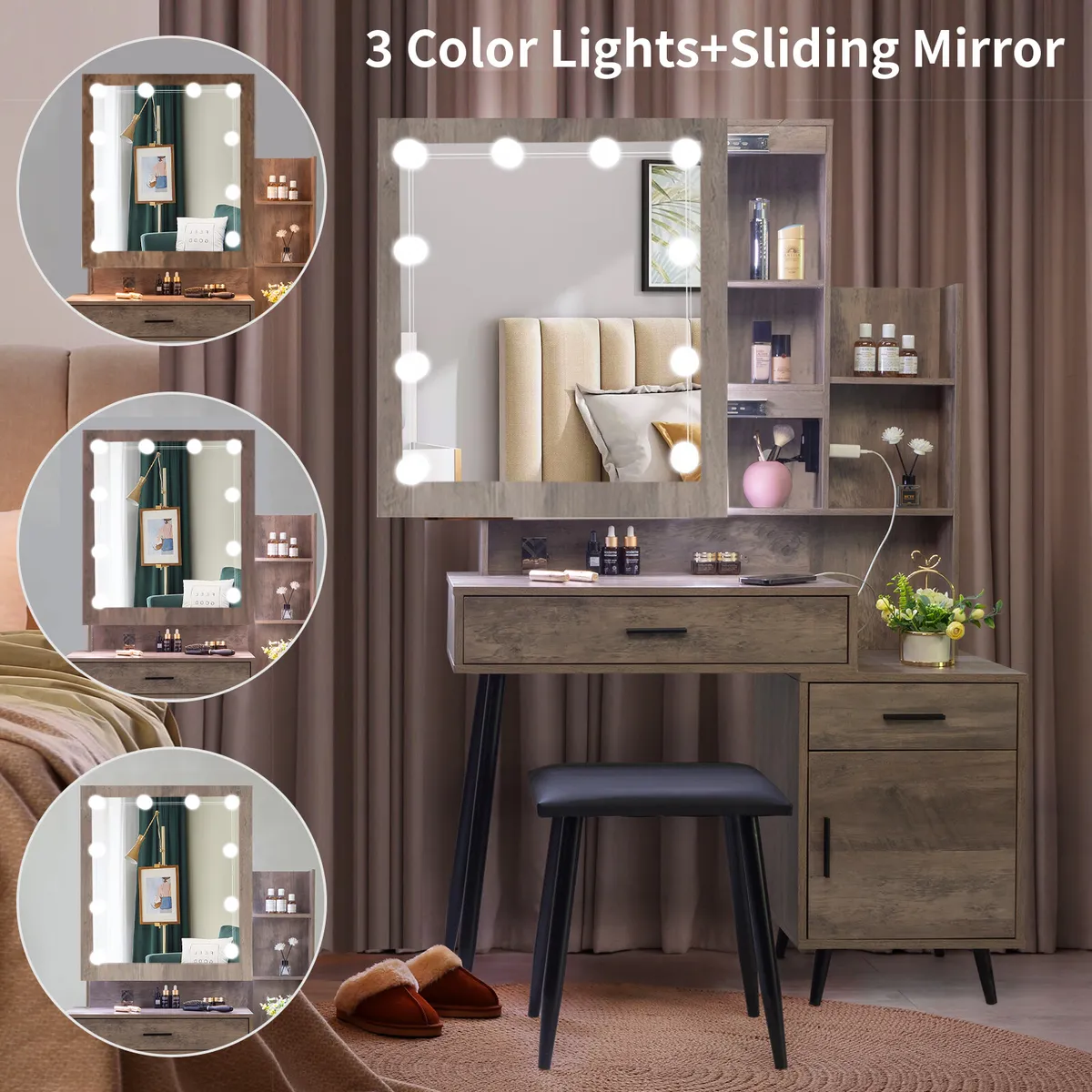 Vanity Set with LED Lights Makeup Desk Dressing Desk Table with Charging  Station 