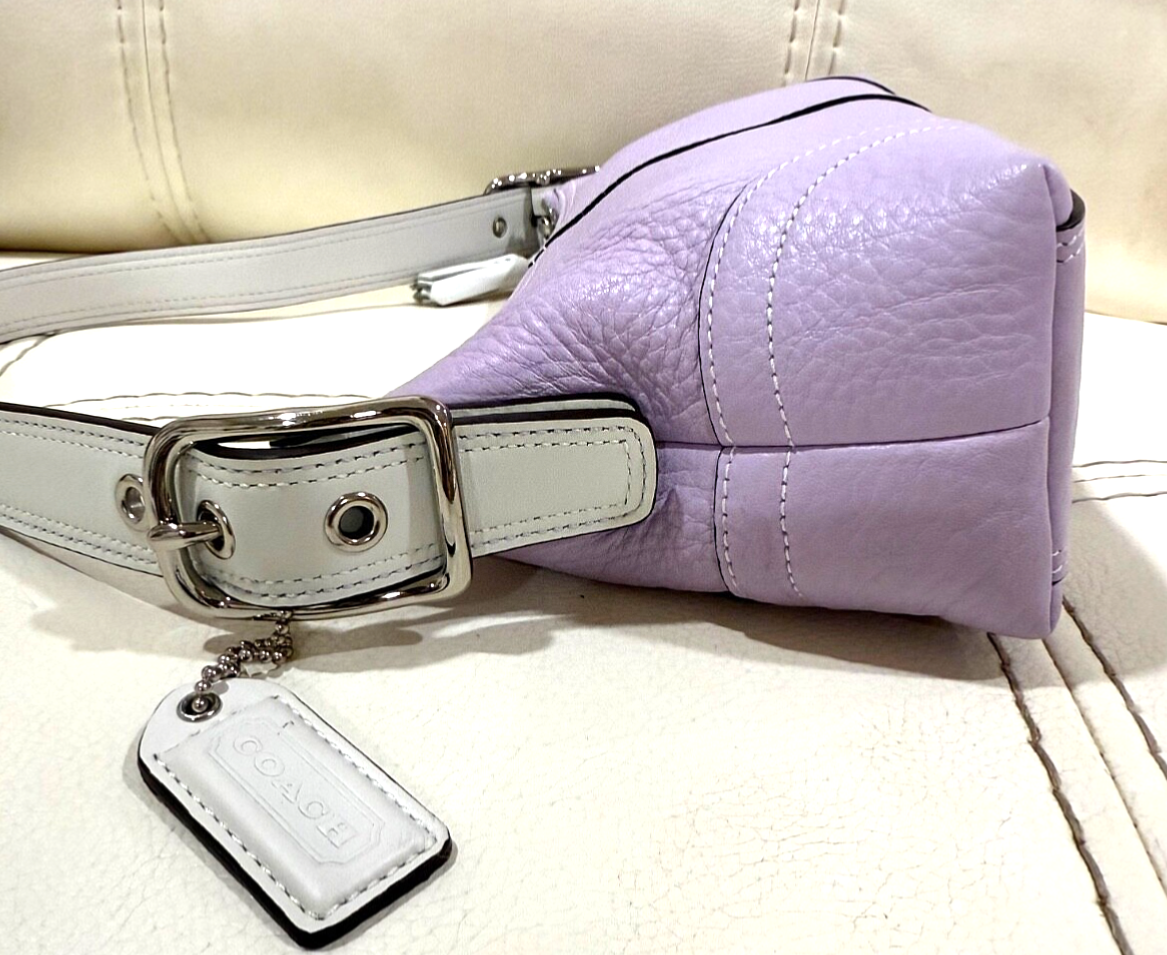 Coach Demi Baguette Bag Purple Pebble Leather White Strap