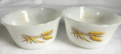 Two Fire King Milk Glass Wheat Pattern Custard Bowls Ramekins