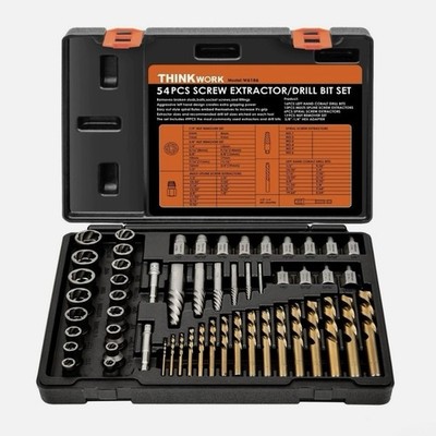 54pc Broken Bolt Extractor Set Lug Nut Remover Left Hand Drill Bits THINKWORK