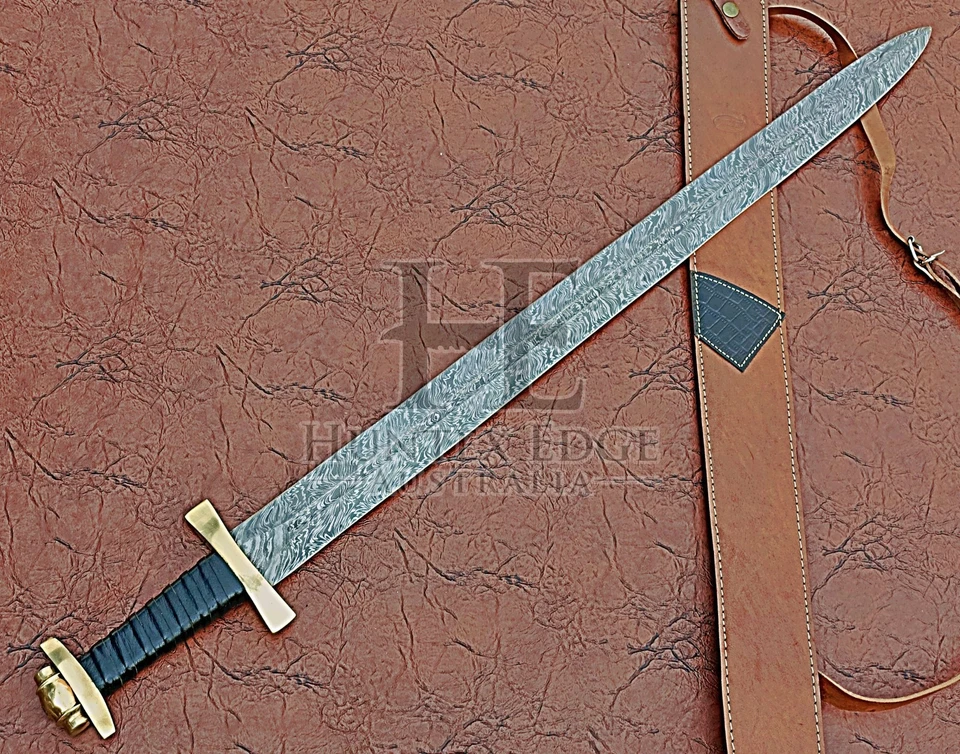 HUNTEX Handmade Damascus Blade, Leather Wrapped Hilt, 96cm Medieval Viking Sword - Image 2 of 4