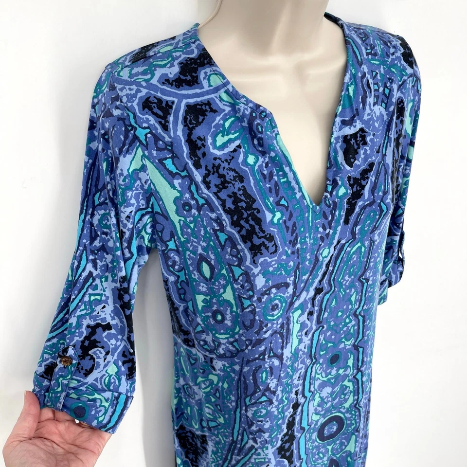 Tori Richard 3/4 Sleeve V-Neck Dress Sz S Blue Green Abstract Floral Soft Jersey - Image 2 of 4