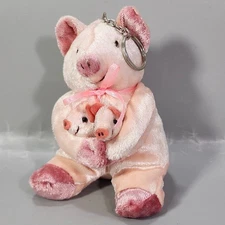 Plush Pink Pig Keychain Mama Holding Two Baby Piglets 5" Stuffed Farm Animal