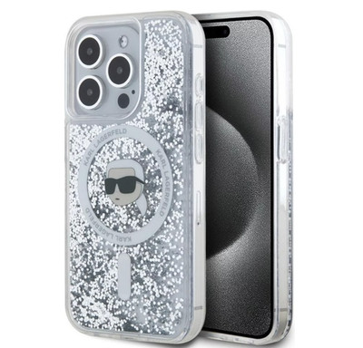 Karl Lagerfeld für iPhone 15 / 14 / 13 Case Magnet Hülle mit Konterfei Glitzer