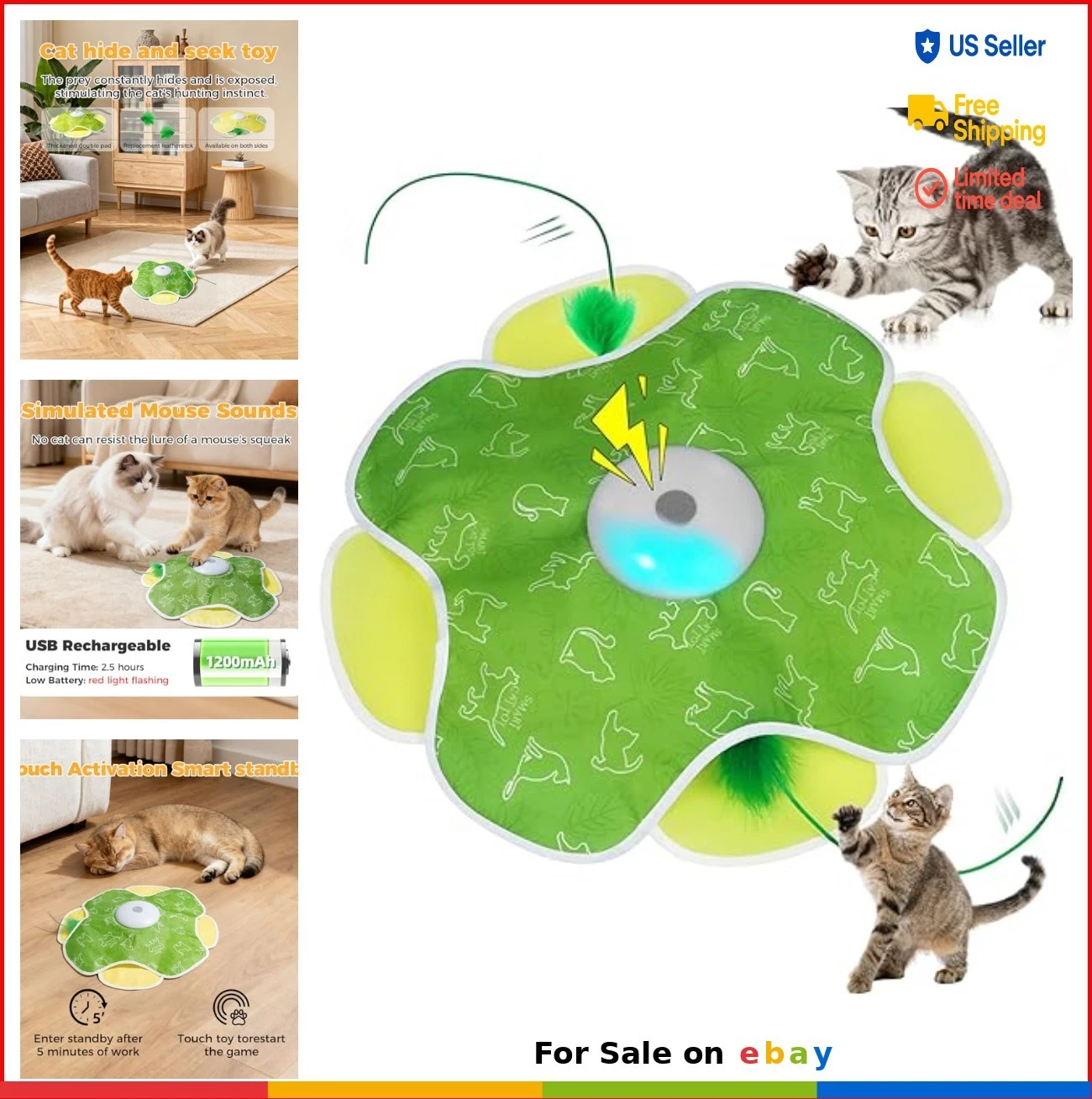 Rechargeable Interactive Cat Toy Hide and Seek Motion Activated Feather Wand
