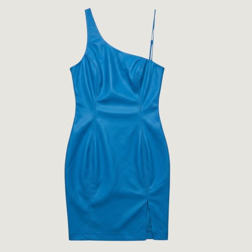 Susana Monaco Blue Faux Leather One Shoulder Mini Dress XS Slit Bodycon