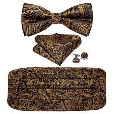 Men Cummerbund Bow Tie Set Silk Paisley Formal Pre-Tied Bowtie Gold Black