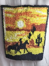 Vintage Handmade Latch Hook Rug Wall Hanging Southwest Cowboy 29x22 Folk Art