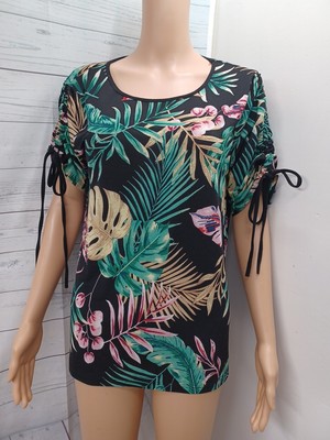 Lavish Womens Black Ruched Short Sleeve Top Floral Tropical Sz L