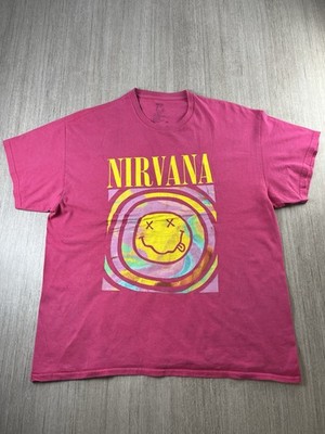 Nirvana Smiley Face Logo Graphic T-Shirt L Pink Dazed Smile Band Tee Y2K Style