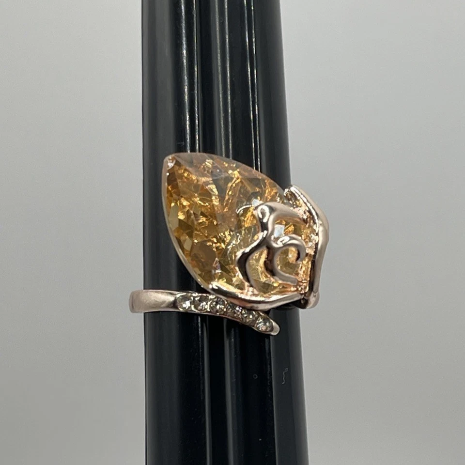 Rose Gold Filled Citrine Water Tear Drop Pear Shape Rhinestone Ring Size 7  - Image 2 of 4