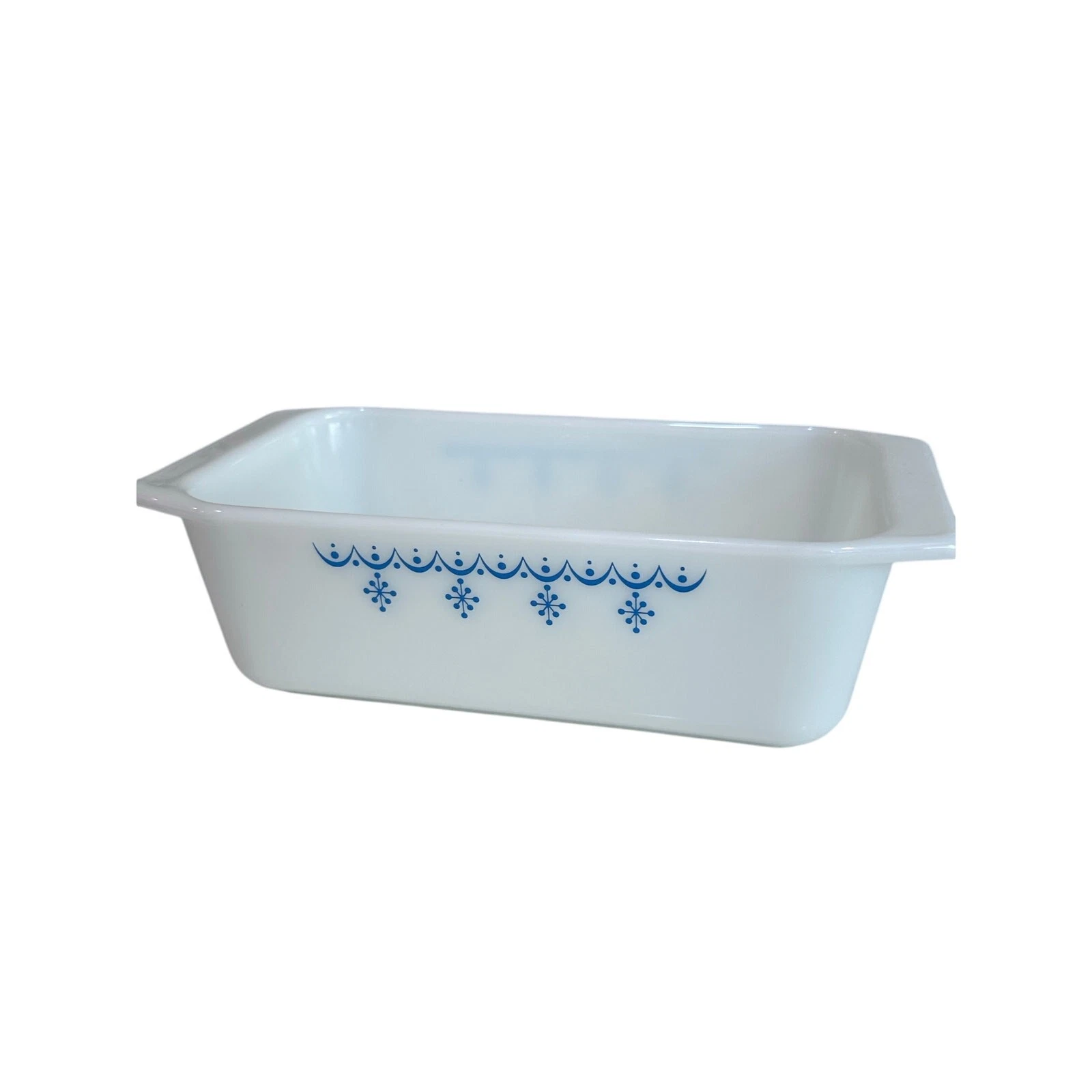 PYREX 913 White Blue Snowflake Garland Design Ovenware Baking Loaf Pan